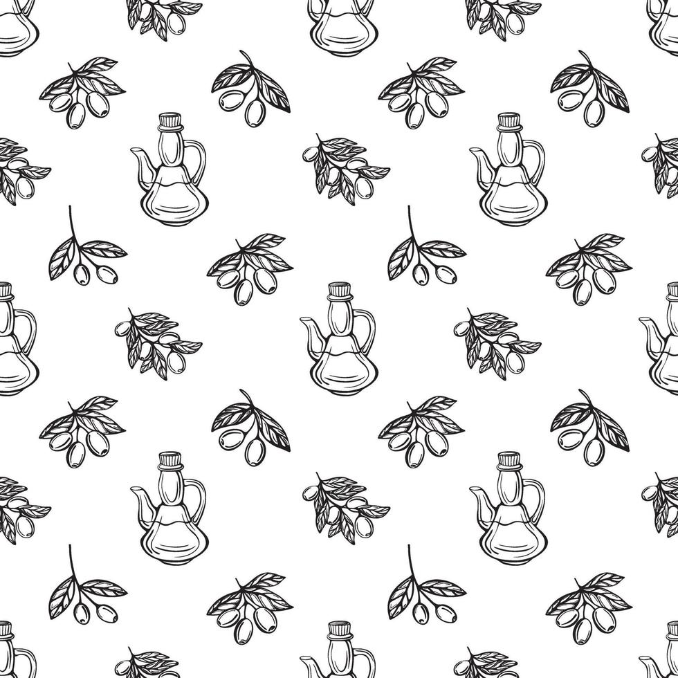 Olive oil seamless pattern. Olive branch pattern. Hand-drawn vector illustration