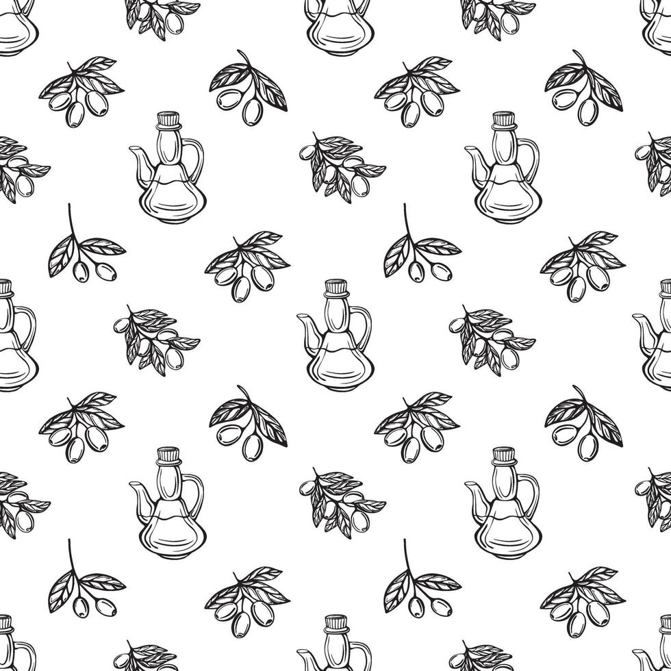 Olive oil seamless pattern. Olive branch pattern. Hand-drawn vector illustration