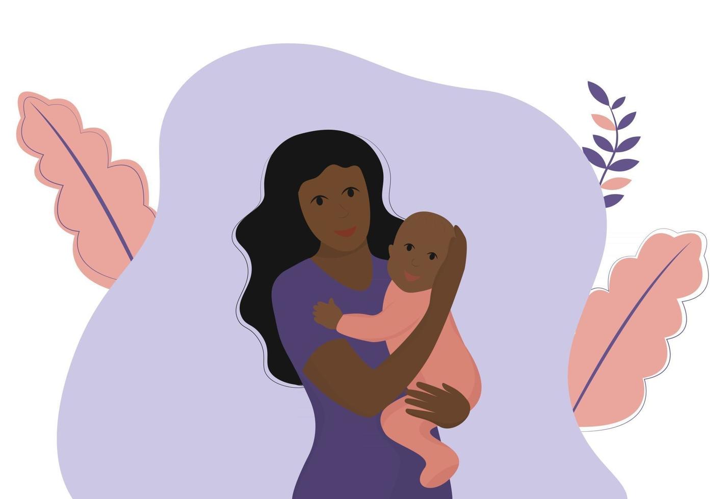 La madre y el niño, la mujer afroamericana y el bebé, la madre joven sostiene a la hija en sus brazos y la ilustración plana del vector sonriente