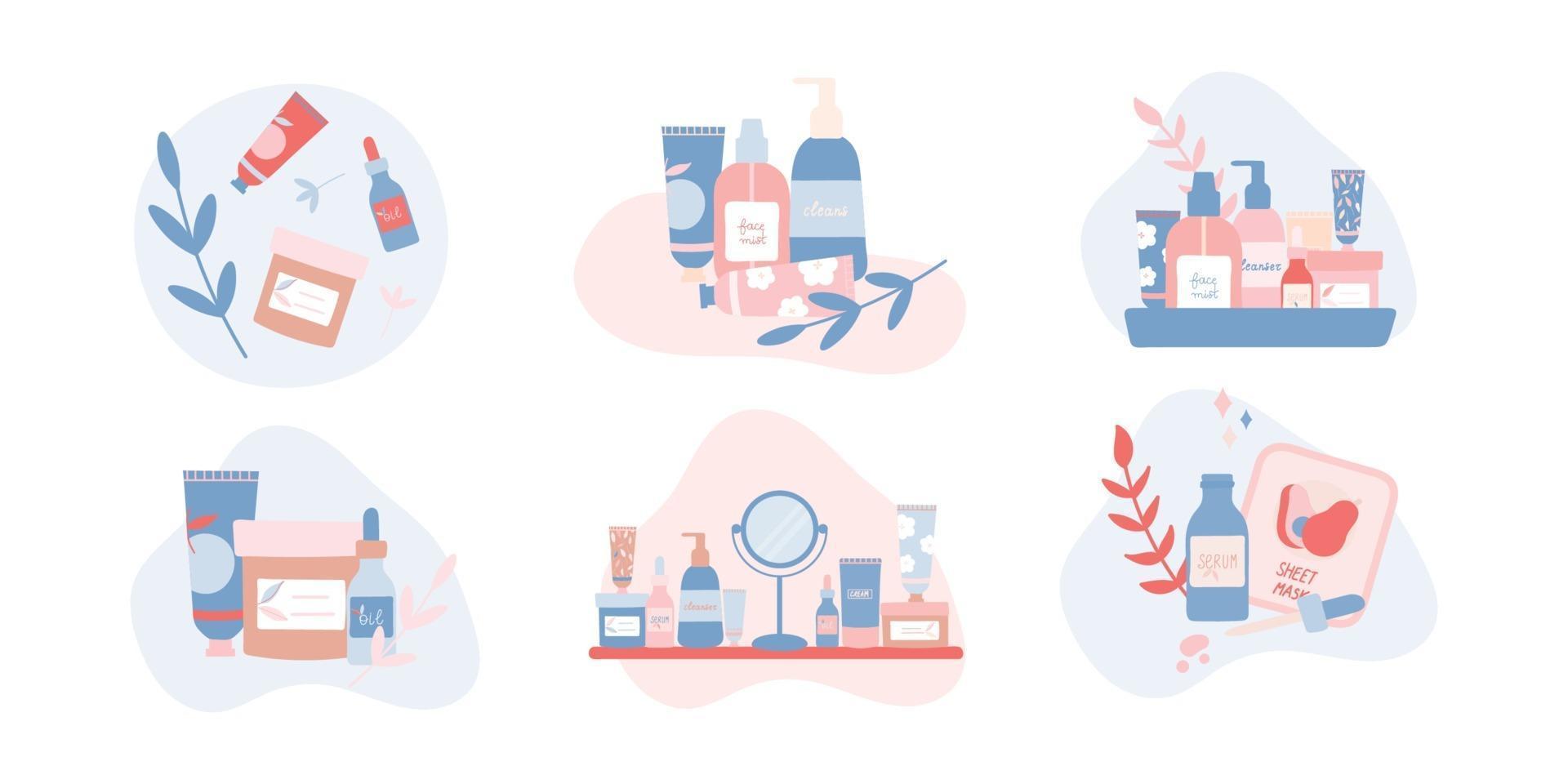 Set of Compositions with Organic Beauty Products Flat Illustration vector