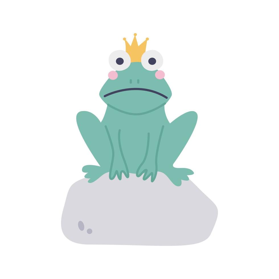 Funny frog with a crown on a stone Vector image in a flat cartoon style on a white background Decor for childrens posters postcards clothing and interior