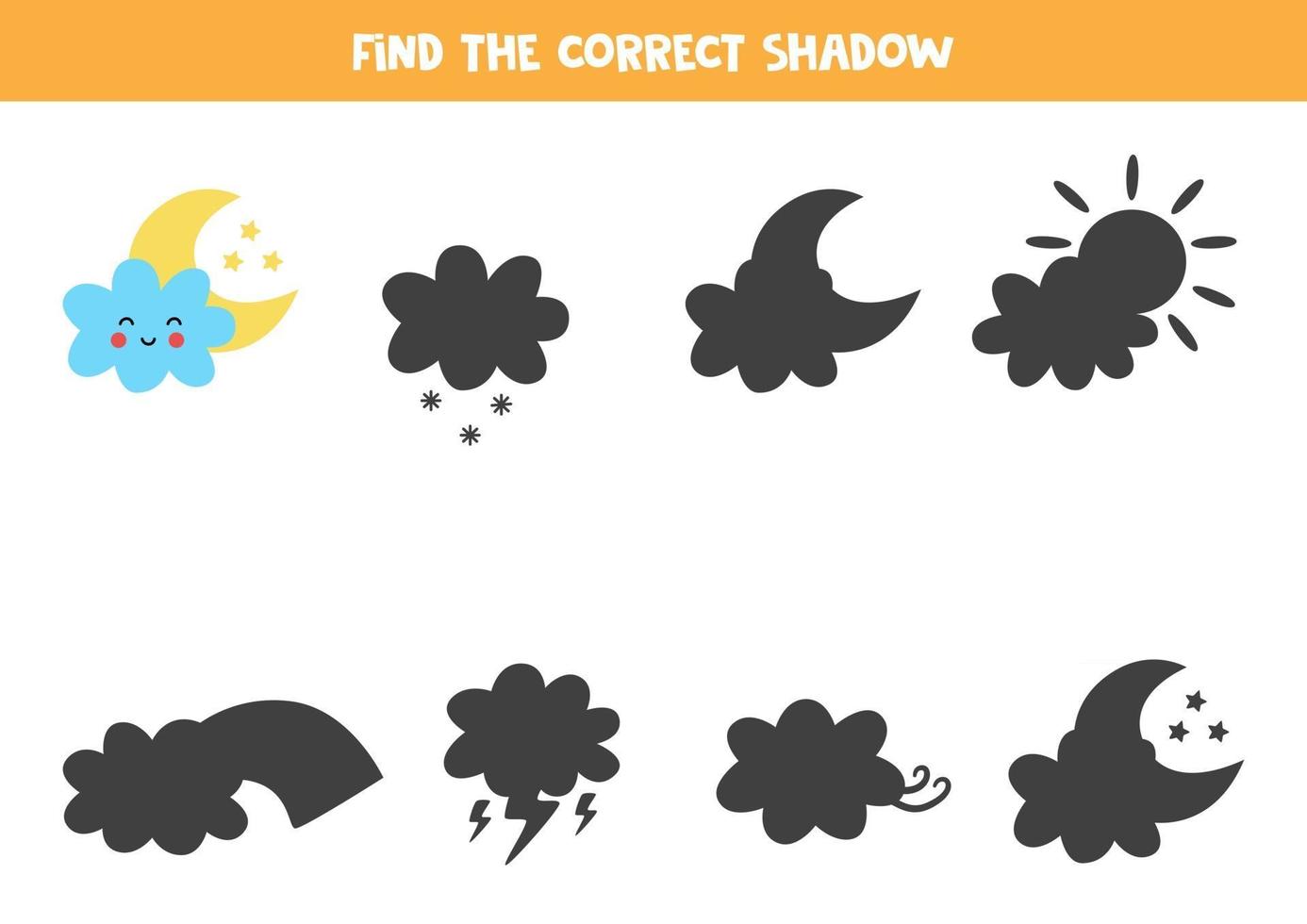 Find the correct shadow of cute cloud with moon Logical puzzle for kids vector
