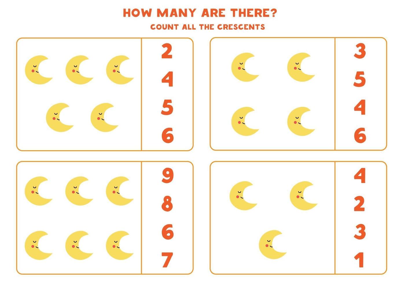 Counting game with cute moon Math worksheet vector