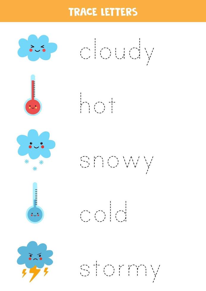 Tracing letters with cute weather elements Writing practice vector