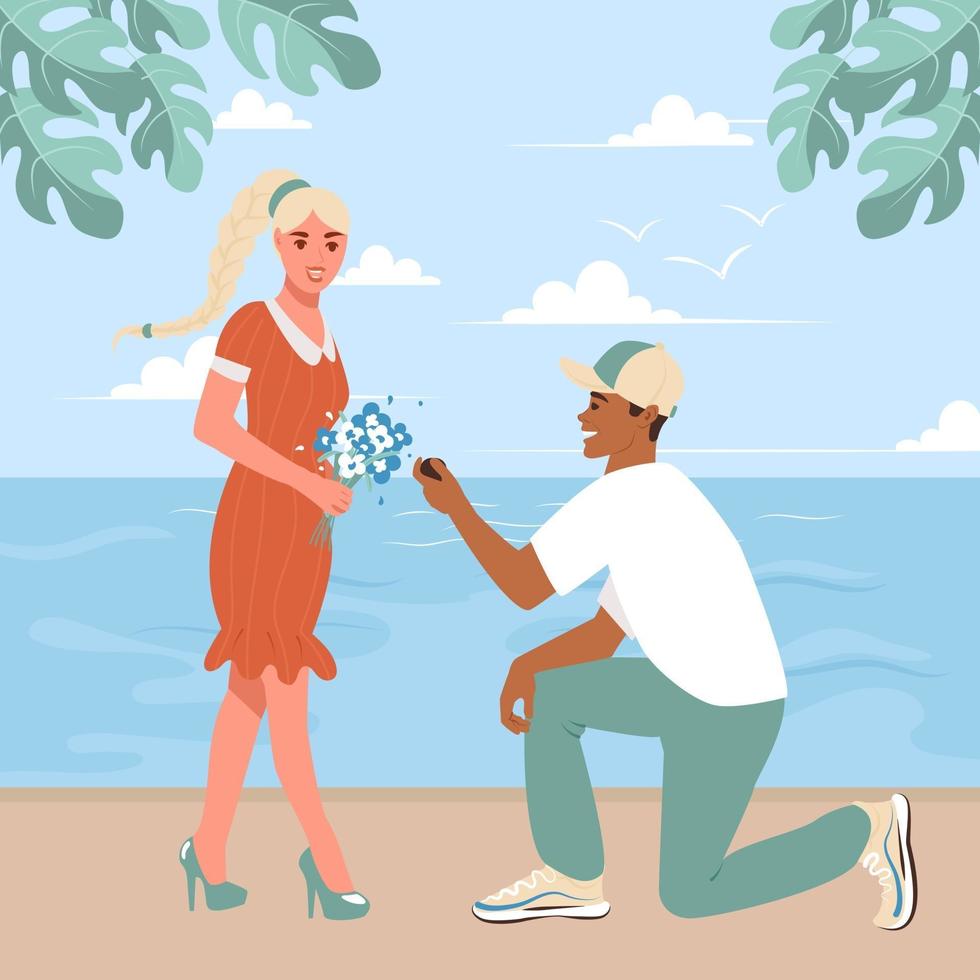 The young guy got down on one knee and proposes to his girlfriend on the embankment by the sea Couple in love at the resort Flat vector illustration