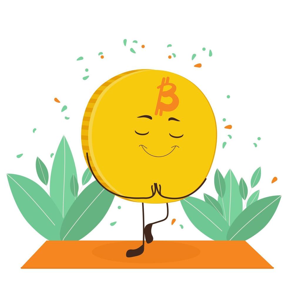 Bitcoin cartoon character is calm and meditating in nature Flat vector illustration