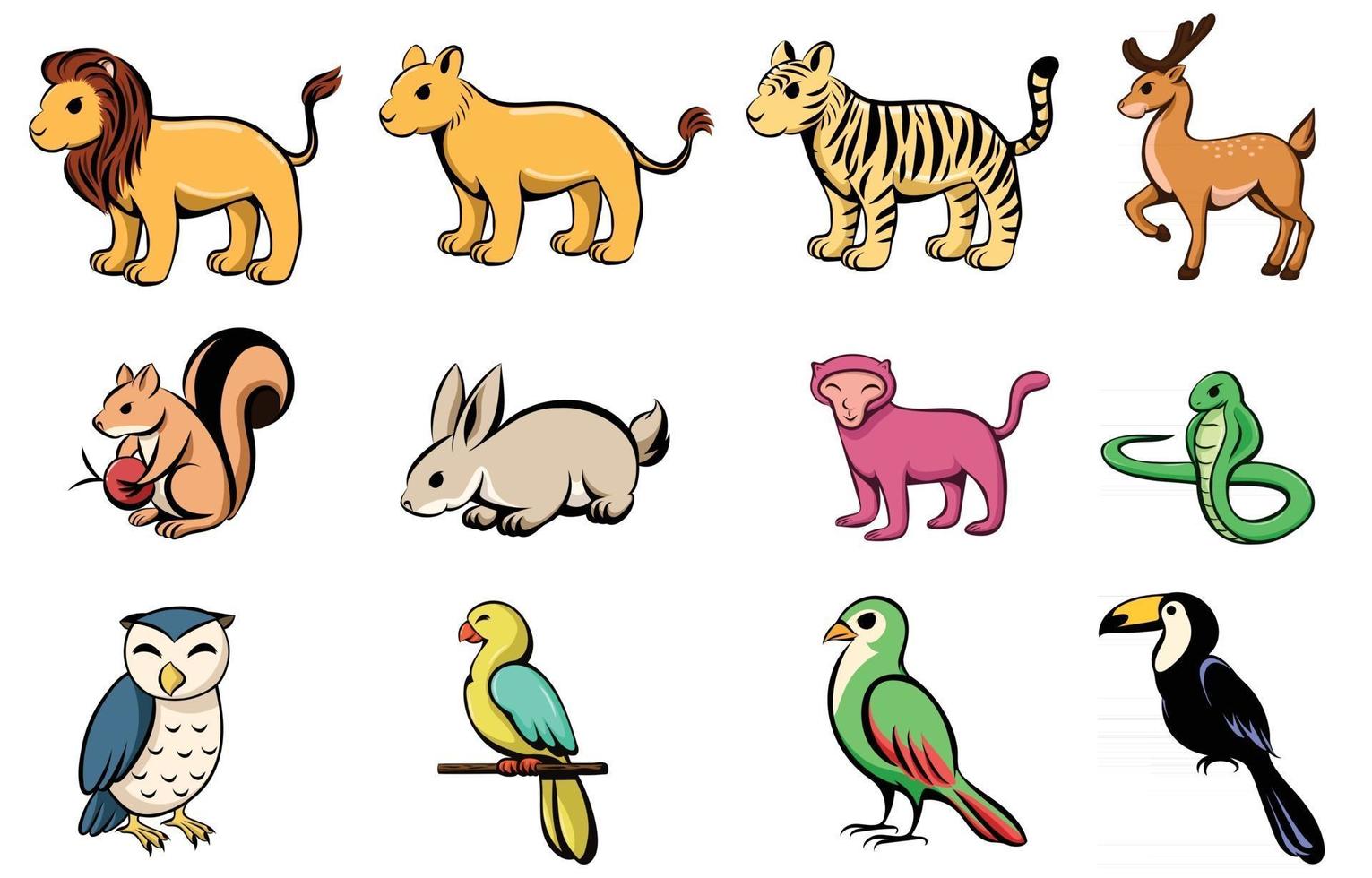 ilustración vectorial caricatura de doce animales salvajes diferentes con león tigre ciervo ardilla conejo mono serpiente búho loro pájaro y cálao vector