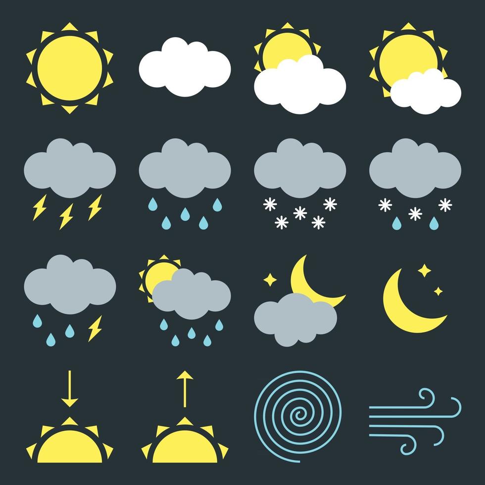 Modern weather icons signs set Flat style design vector illustration symbols isolated on dark background