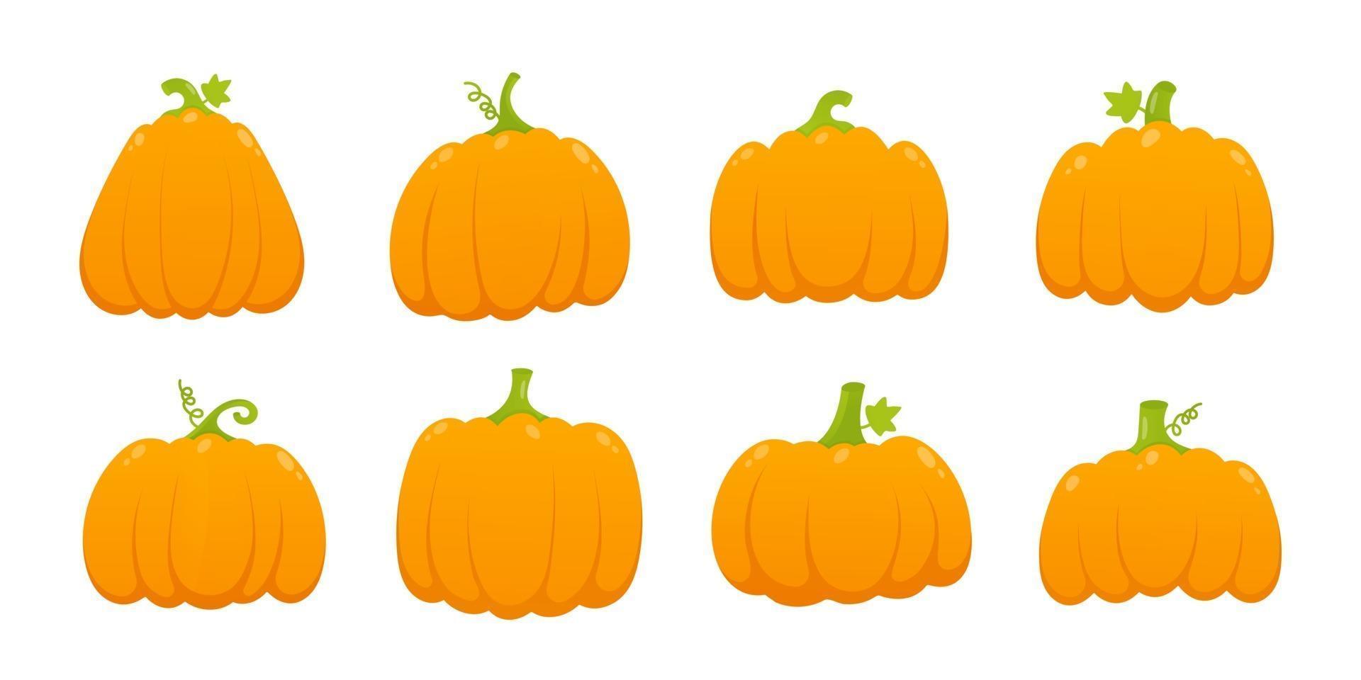 8 orange pumpkins set with leaf and gradient colors flat style design vector illustration