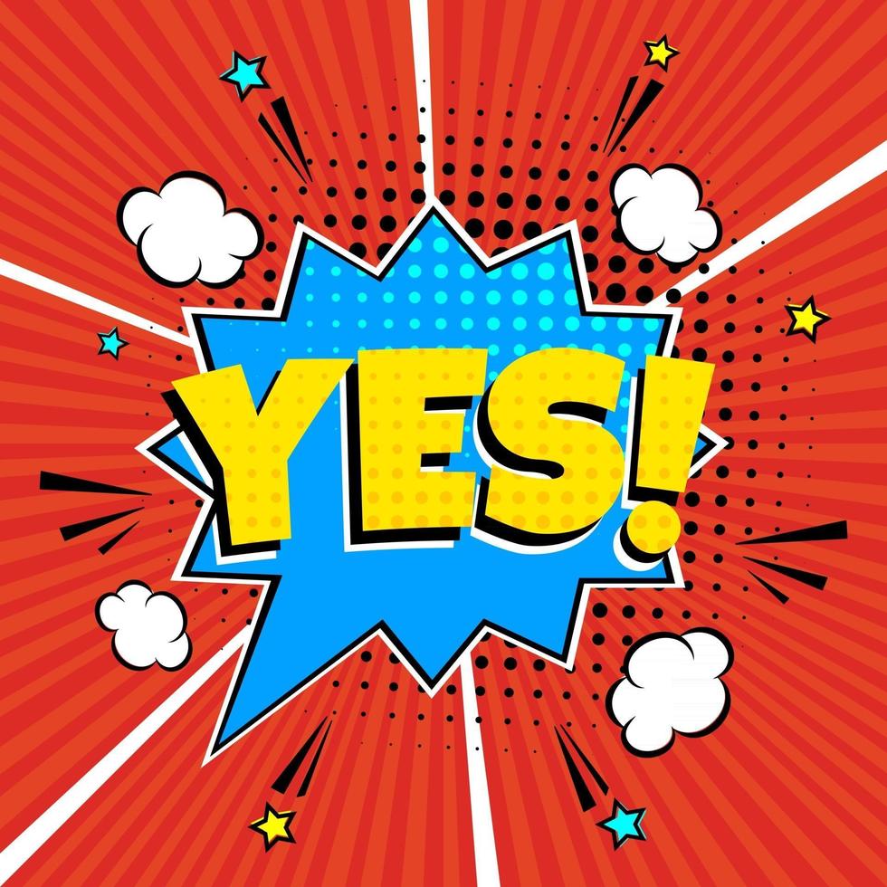 Comic lettering YES in the speech bubble comic style flat design Dynamic retro vintage pop art illustration isolated on red rays background Exclamation YES vector