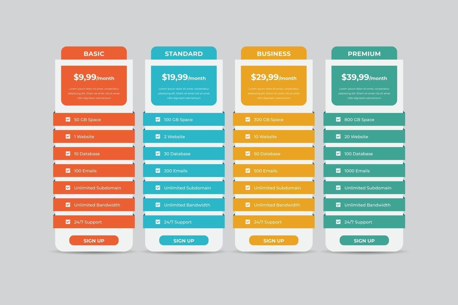 Pricing Table  Vector Design