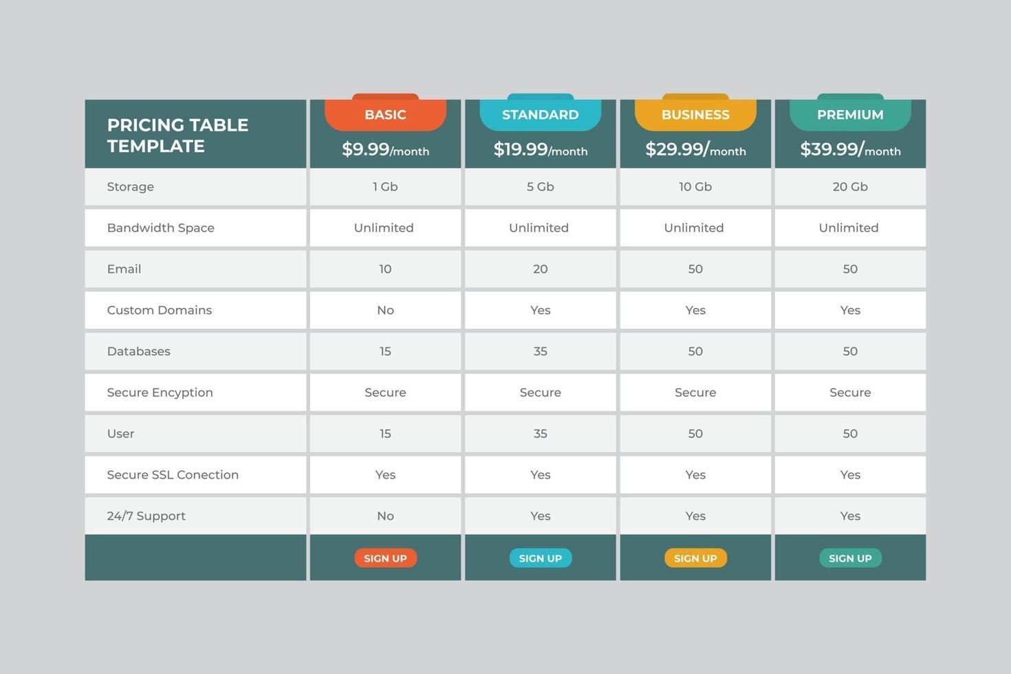 Pricing Table  Vector Design