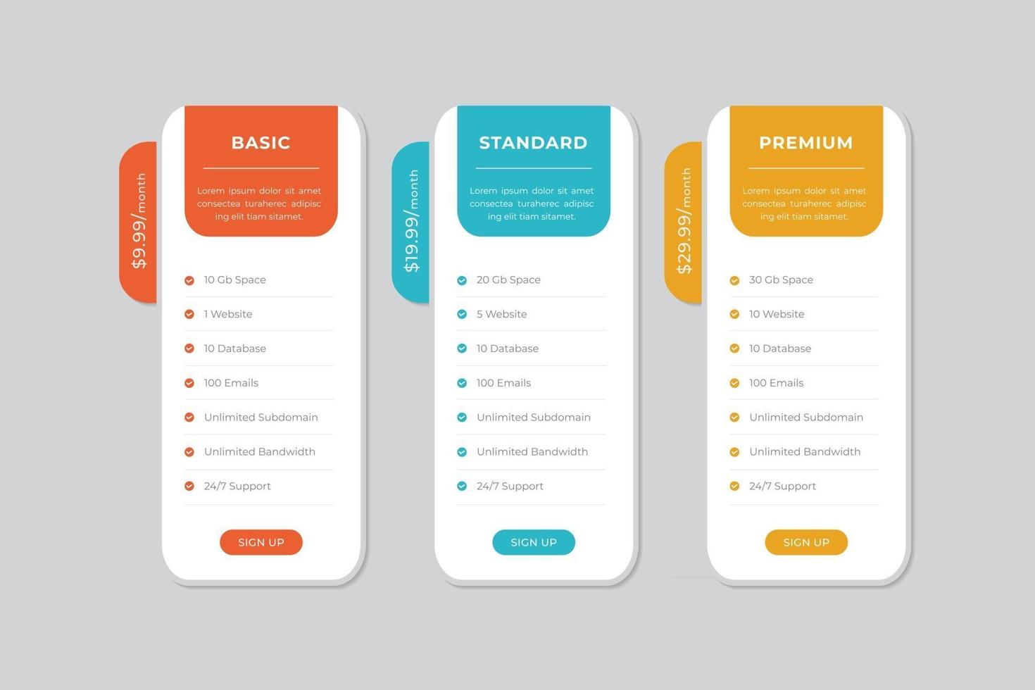 Pricing Table  Vector Design