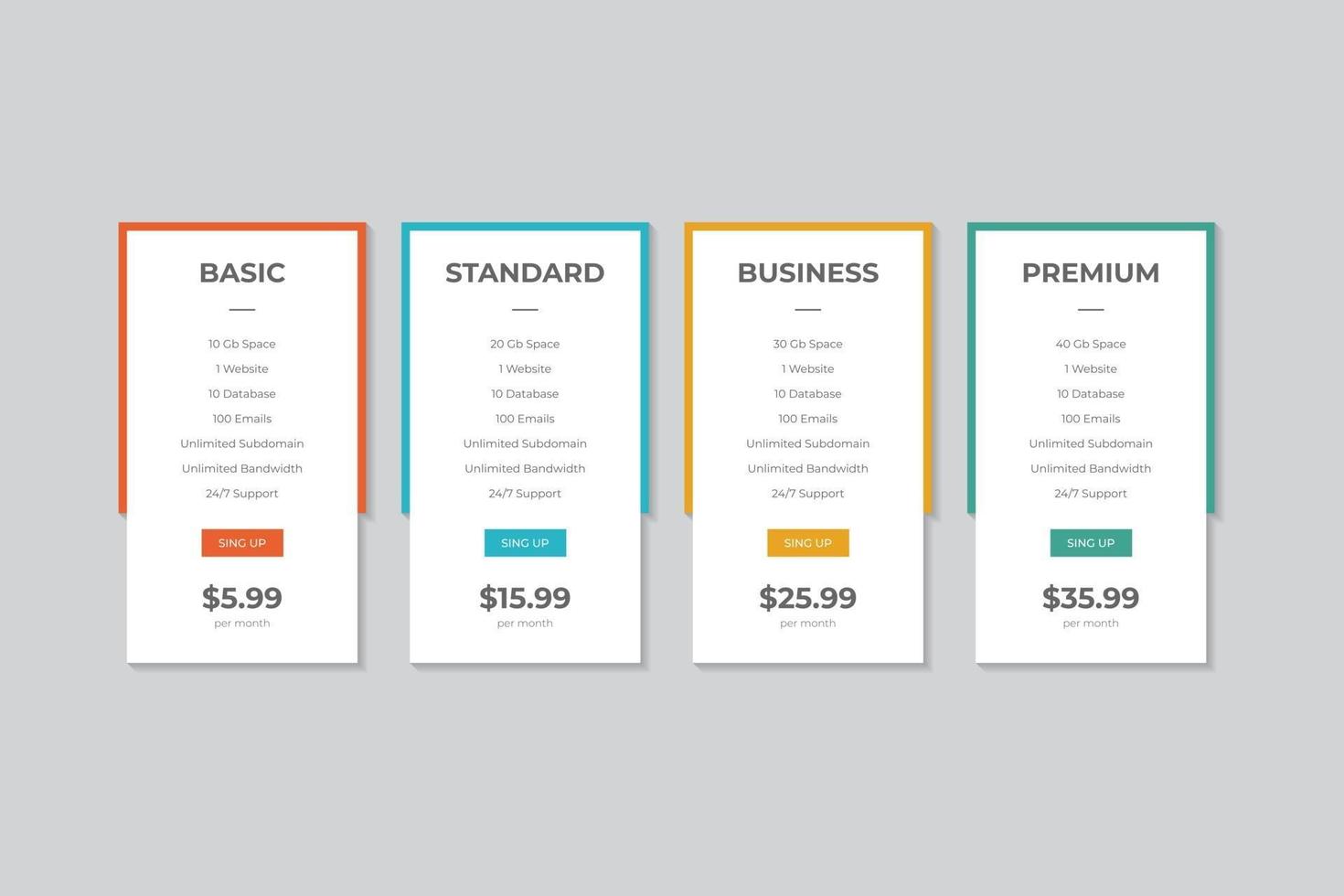 Pricing Table  Vector Design