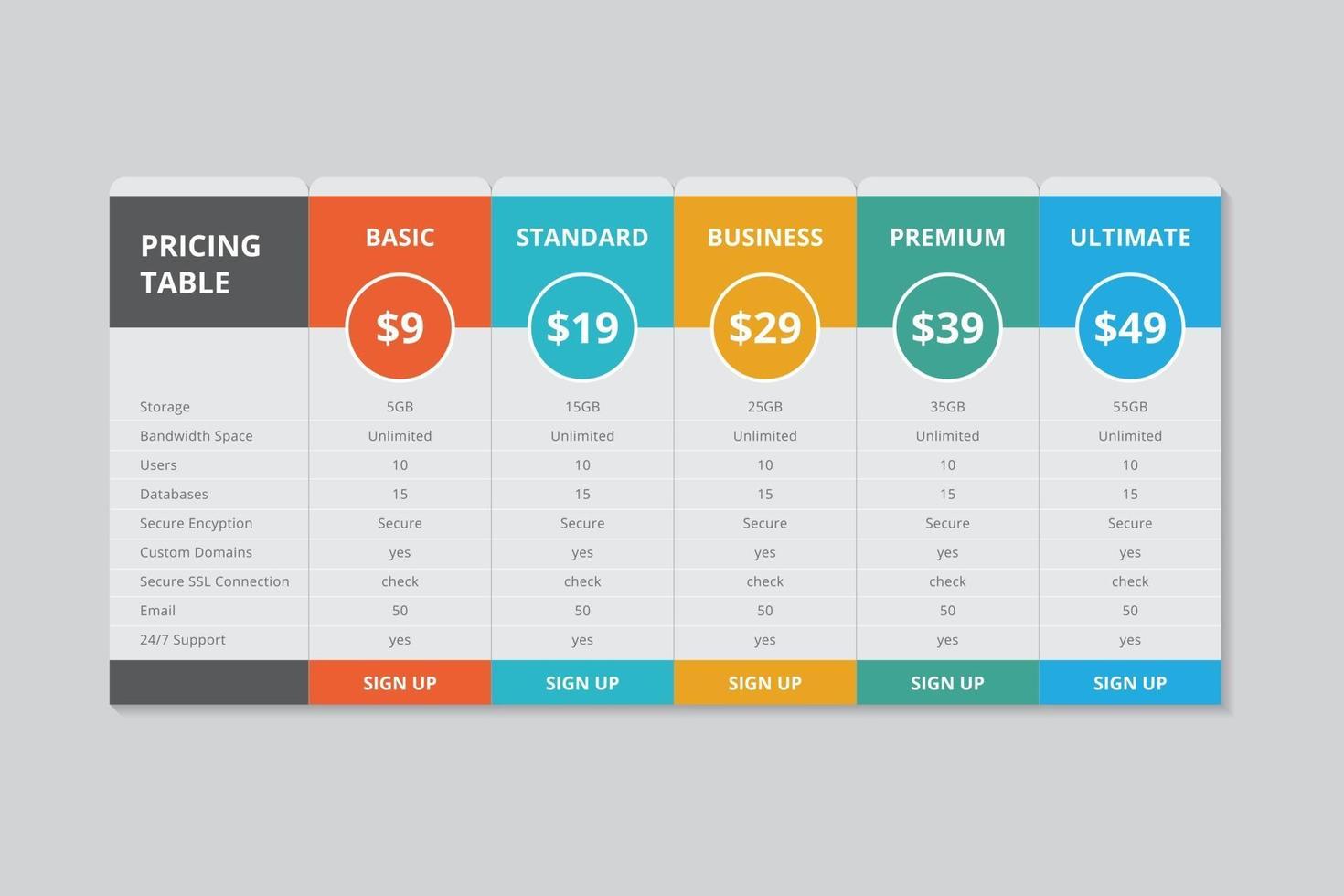 Pricing Table  Vector Design
