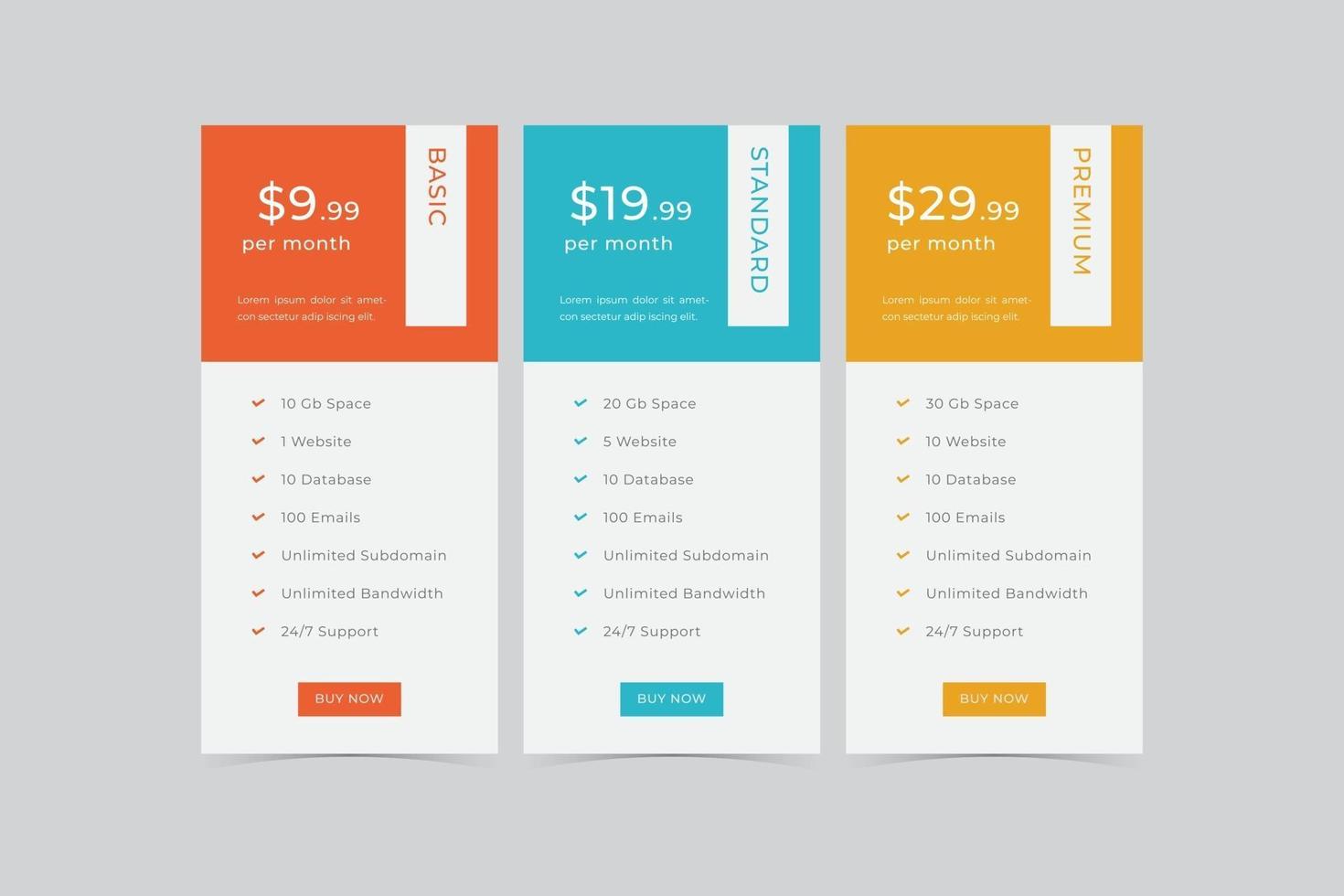 Pricing Table  Vector Design