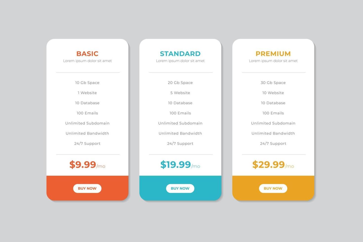 Pricing Table  Vector Design