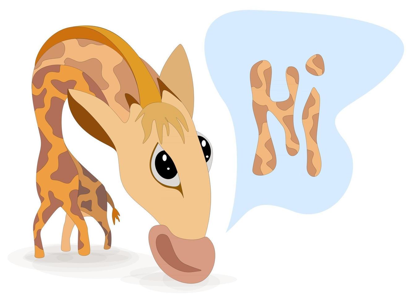 Imagen vectorial de una jirafa en una pose incómoda saludando con una palabra ubicada junto a ella en una nube y que tiene el color de una jirafa vector