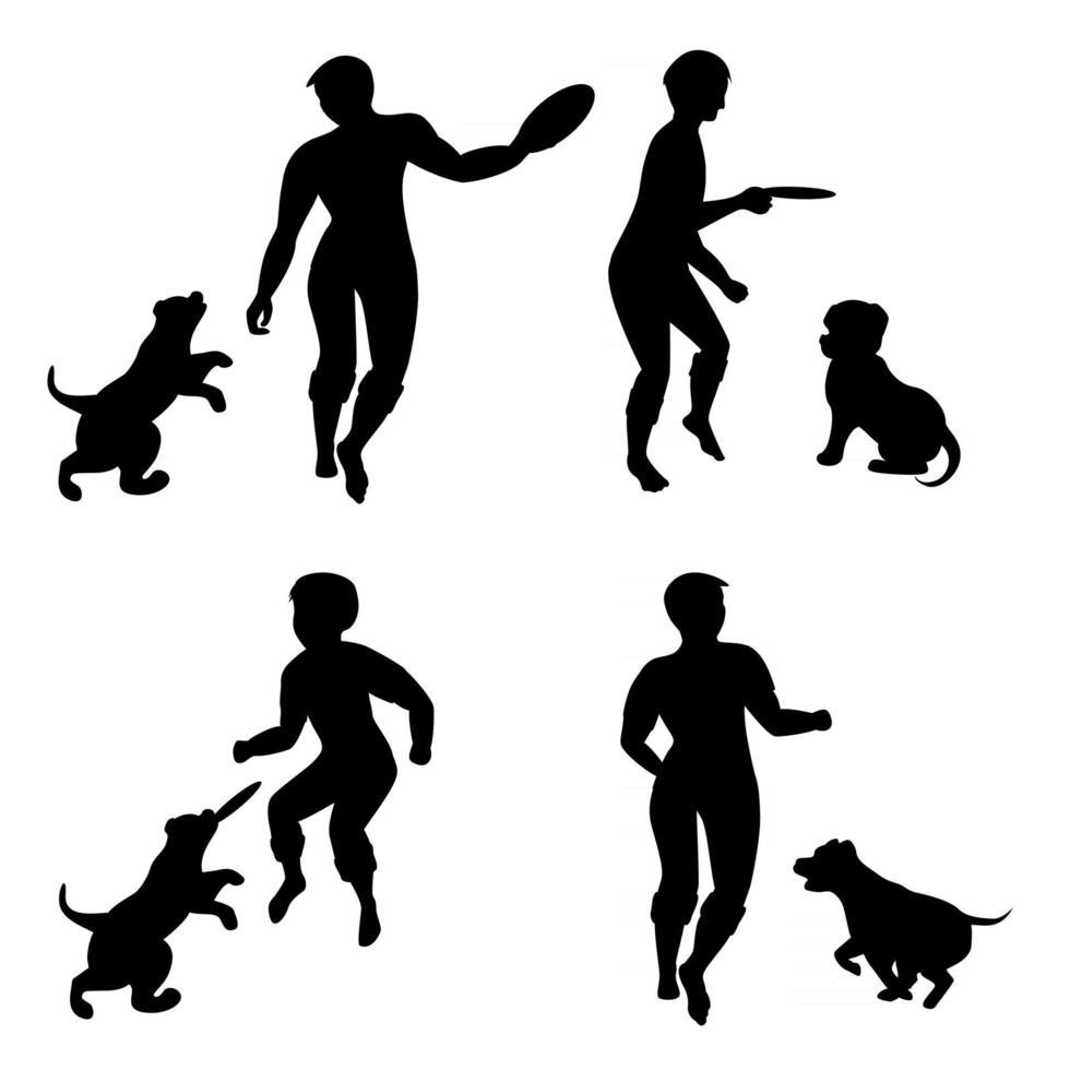 Imagen vectorial de siluetas de cachorros jugando con su maestro vector