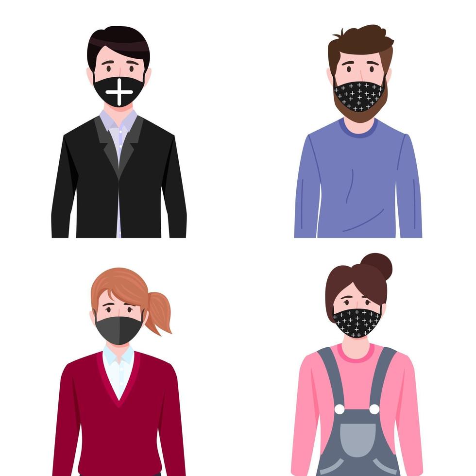 Happy cute businessman and businesswoman characters avatar set wearing business outfit and facial fabric mask isolated covid19 in different shape vector