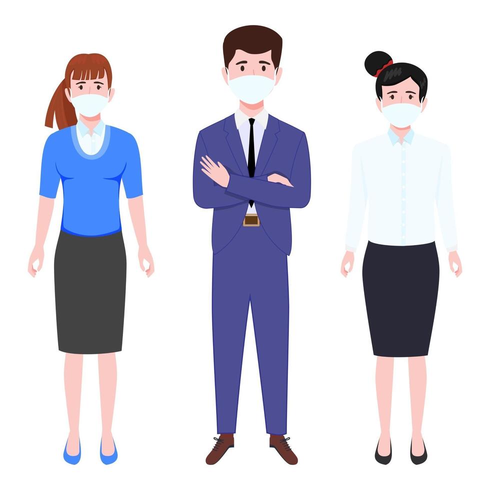 Cute young businessman and businesswoman character team wearing business outfit and facial mask and posing vector