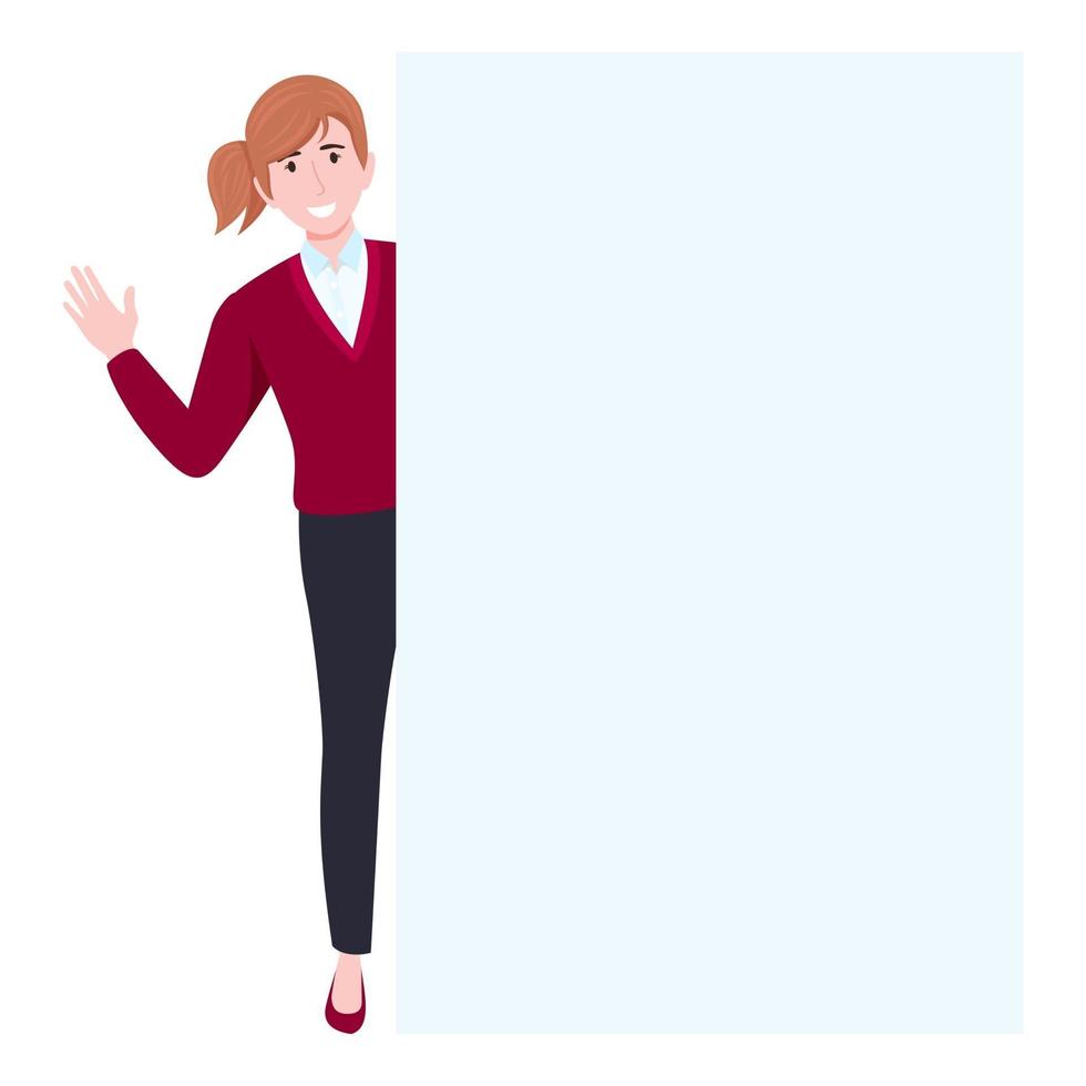 Businesswoman character wearing business outfit standing behind rectangle shape placard together and waving vector