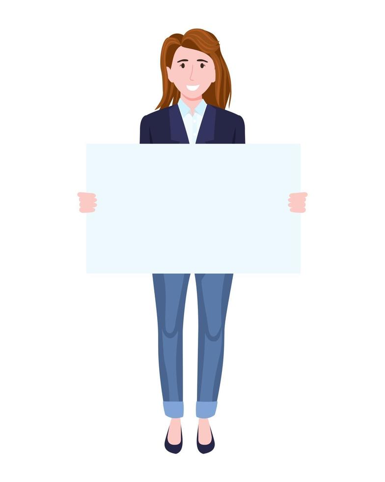 Happy cute businesswoman character wearing business outfit standing with placard vector