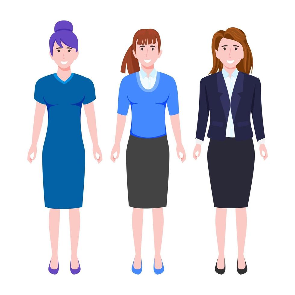 Happy cute businesswoman characters team set wearing business outfit isolated vector