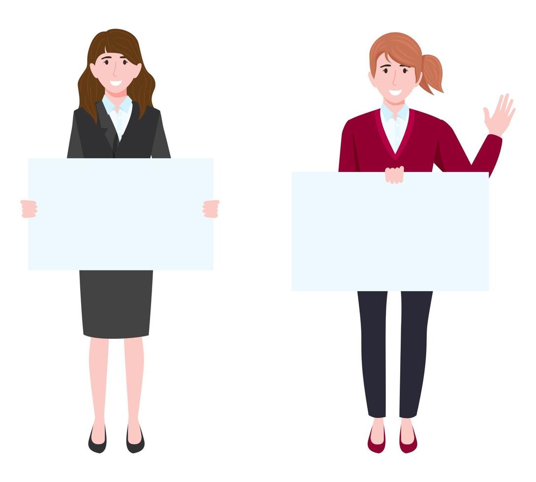 Personaje de negocios vistiendo traje de negocios de pie con carteles de forma rectangular vector