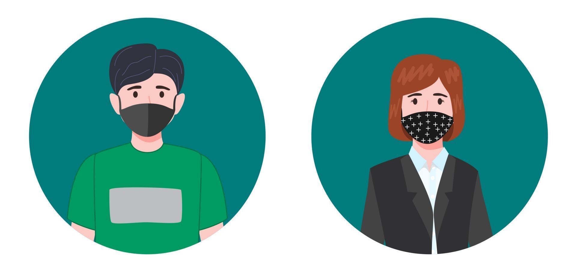 Happy cute businessman and businesswoman characters avatar set wearing business outfit and facial fabric mask isolated covid19 in circle shape vector