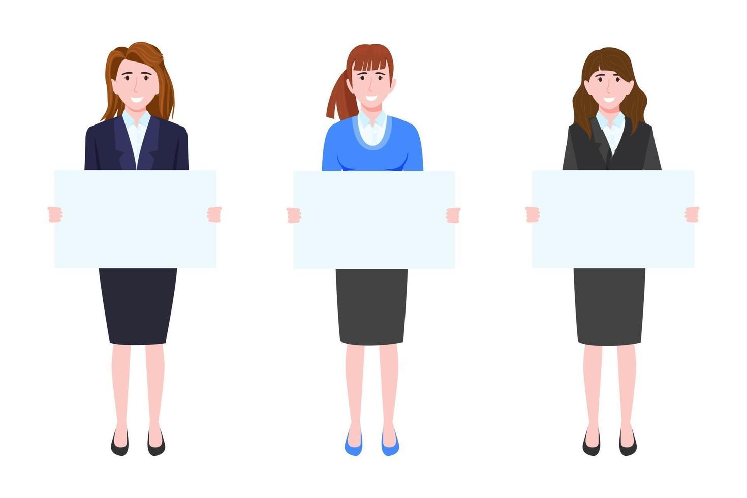 Happy cute businesswoman characters wearing business outfit standing with placard vector