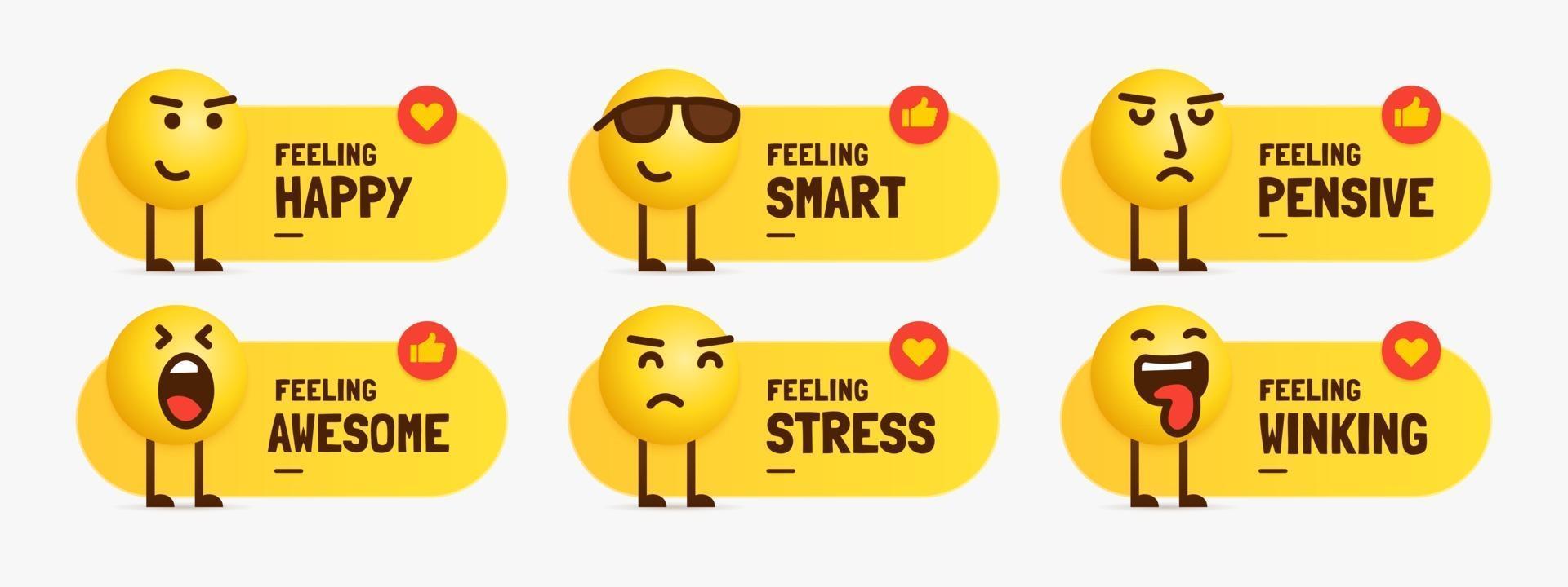 Set of mixed feeling emoji characters standing with text label vector