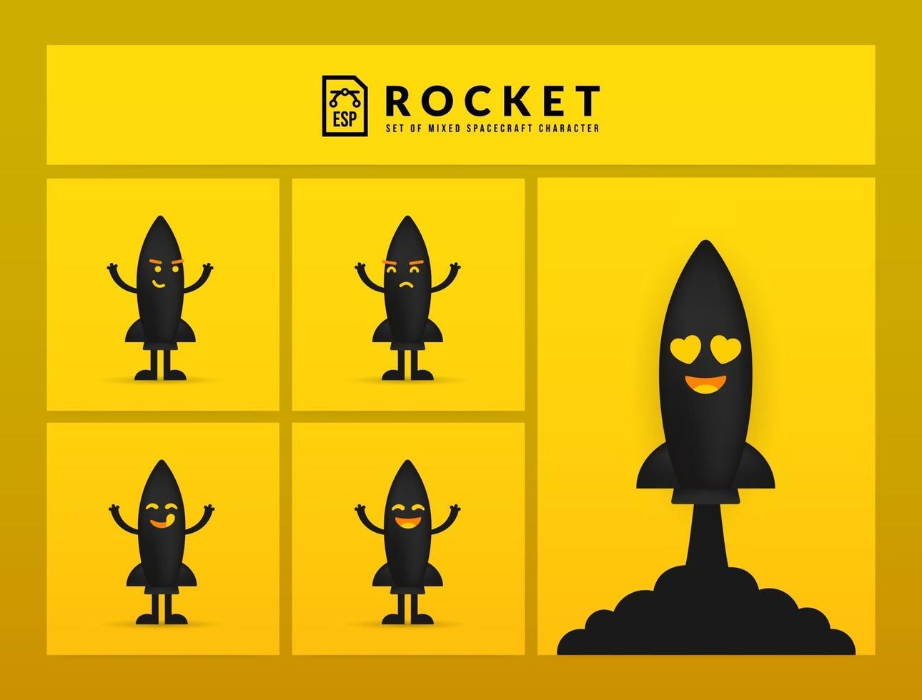 Set of cute rocket characters on yellow background vector