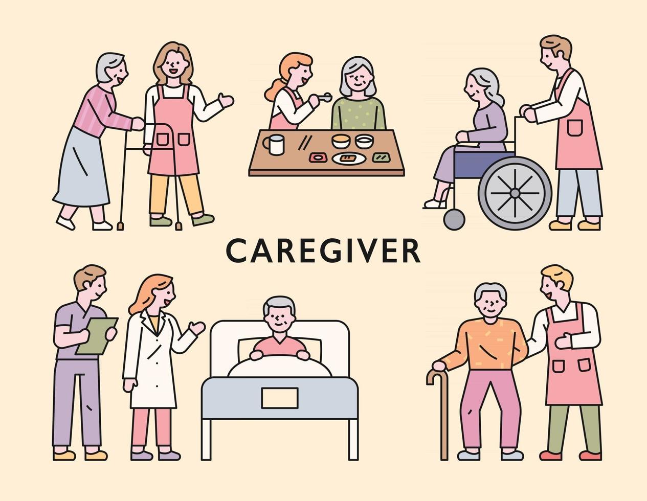 Various duties of the elderly and nurses in nursing homes. flat design style minimal vector illustration.