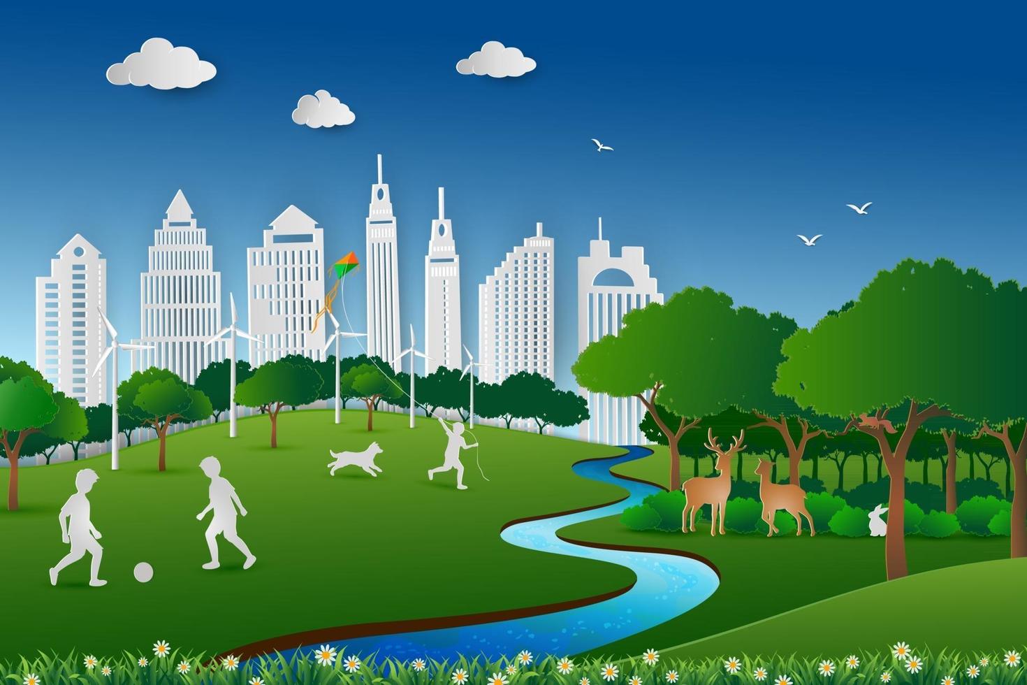 diseño de arte en papel del paisaje natural salvar el medio ambiente y el concepto de energía niños felices y relajarse en el parque de la ciudad vector