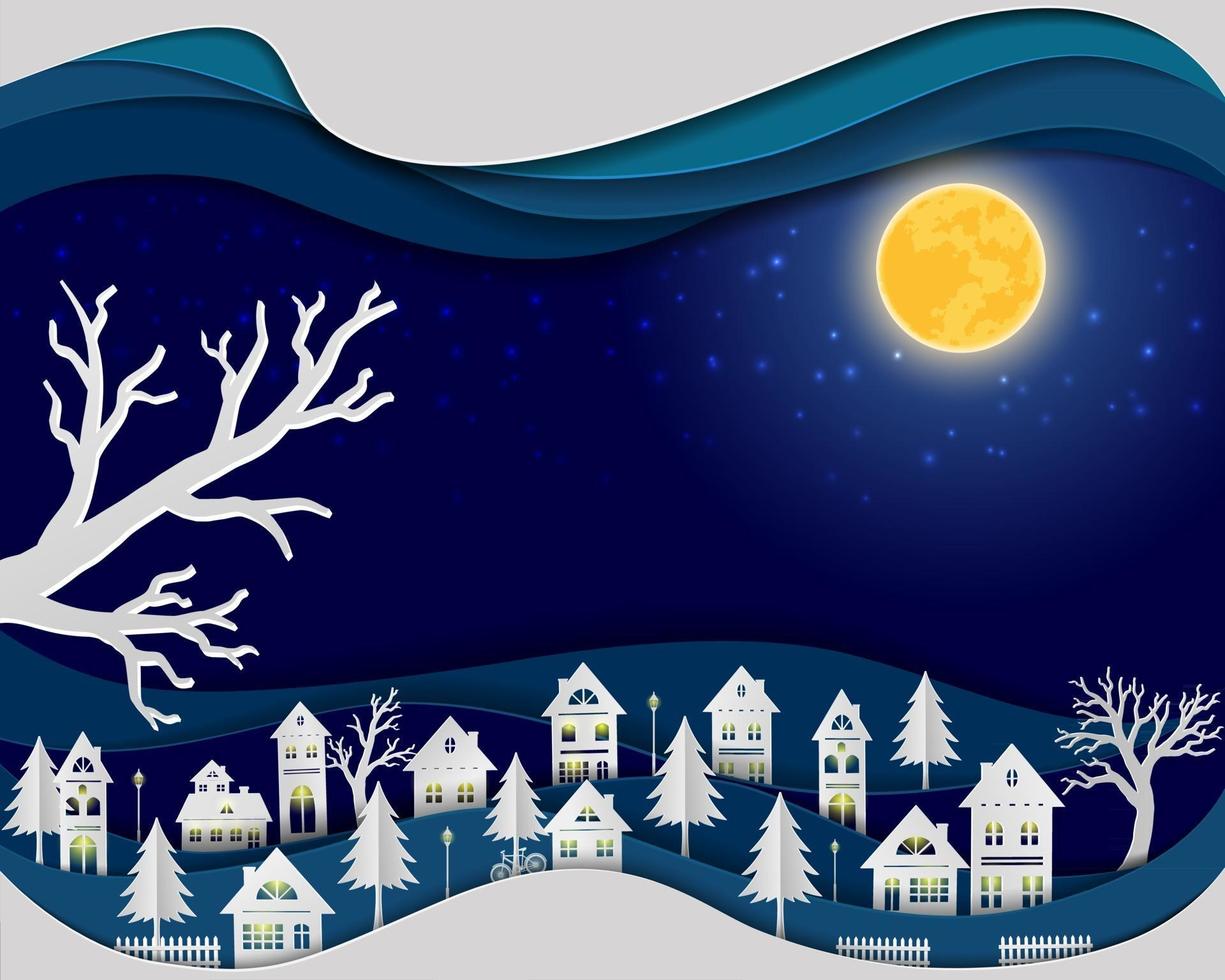 Paper art design of urban countryside landscape on night scene background white village with full moon vector