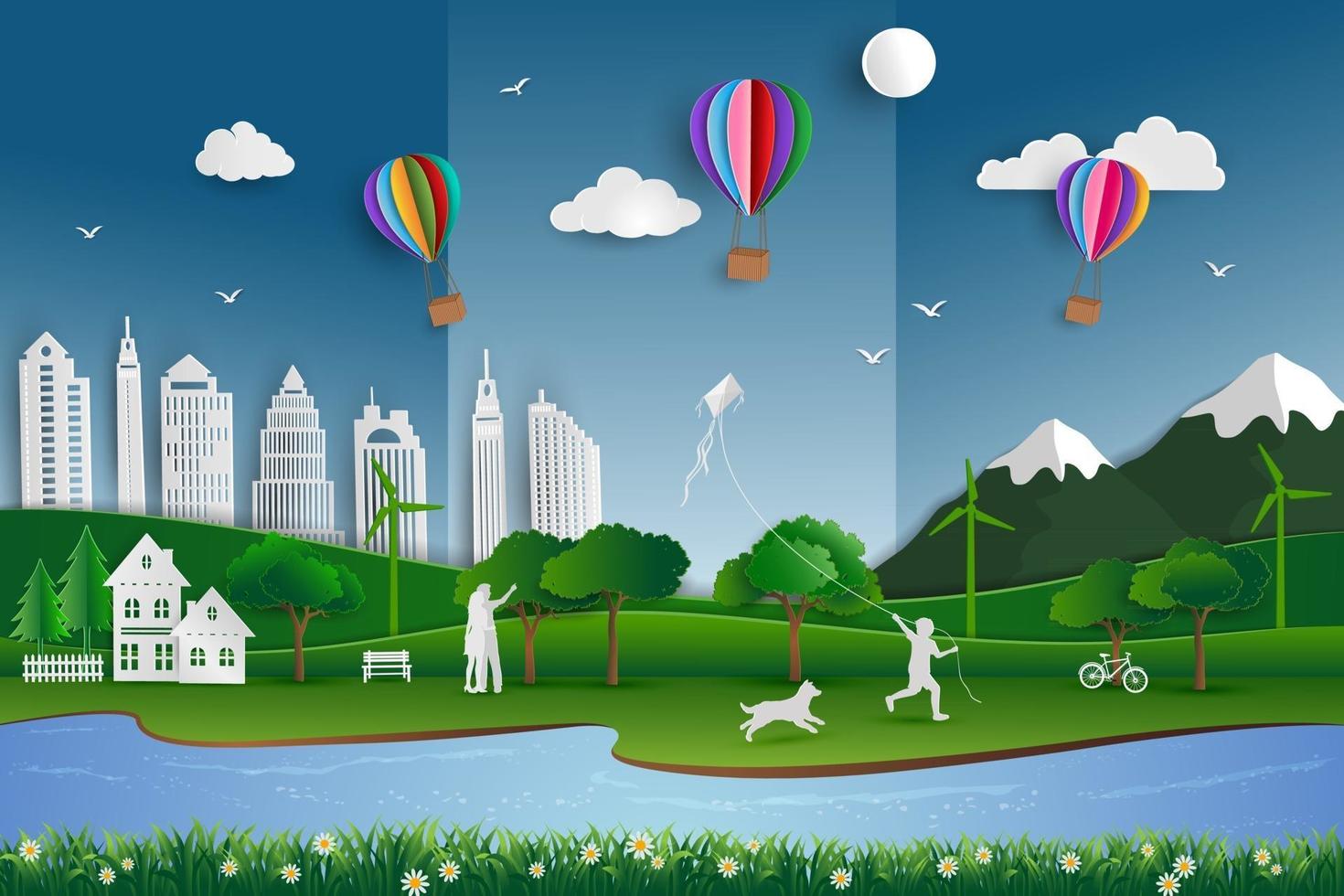 Ecology  friendly city with happy family on paper art scene background vector