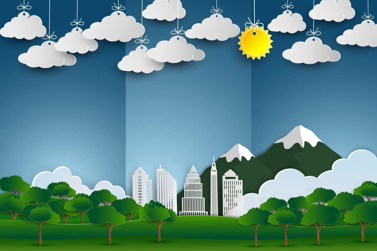 Landscape with building and nature in panorama view ecology and environment concept on paper art scene abstract background vector