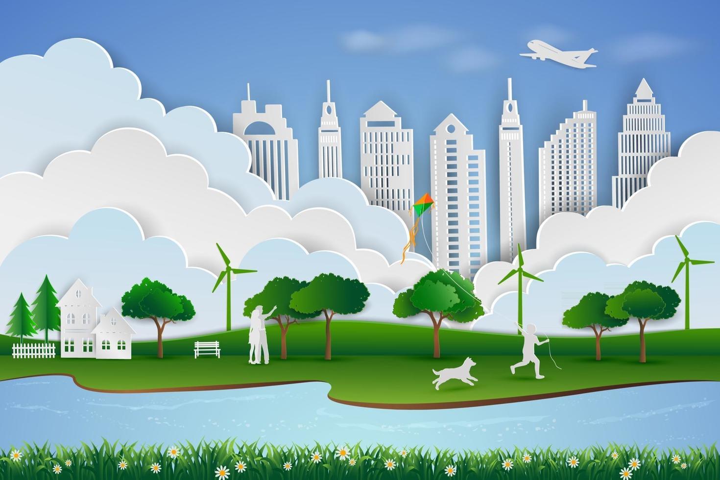 Save the environment and energy concept paper art design of landscape with eco green city child happy when playing kite with dog and family vector