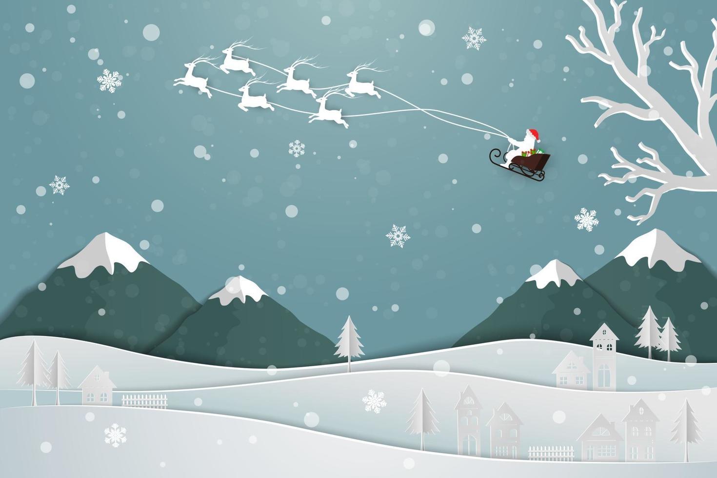 Paper art design with Santa Claus floating over the village in winter season snow on soft blue background for greeting card poster celebration party Christmas holiday or new year vector