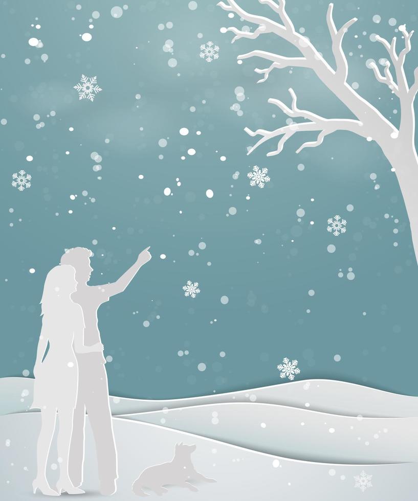 concepto de amor en la temporada de invierno en la escena de arte de papel fondo abstracto pareja de pie sobre la nieve con el perro para la celebración navideña fiesta de navidad o año nuevo vector