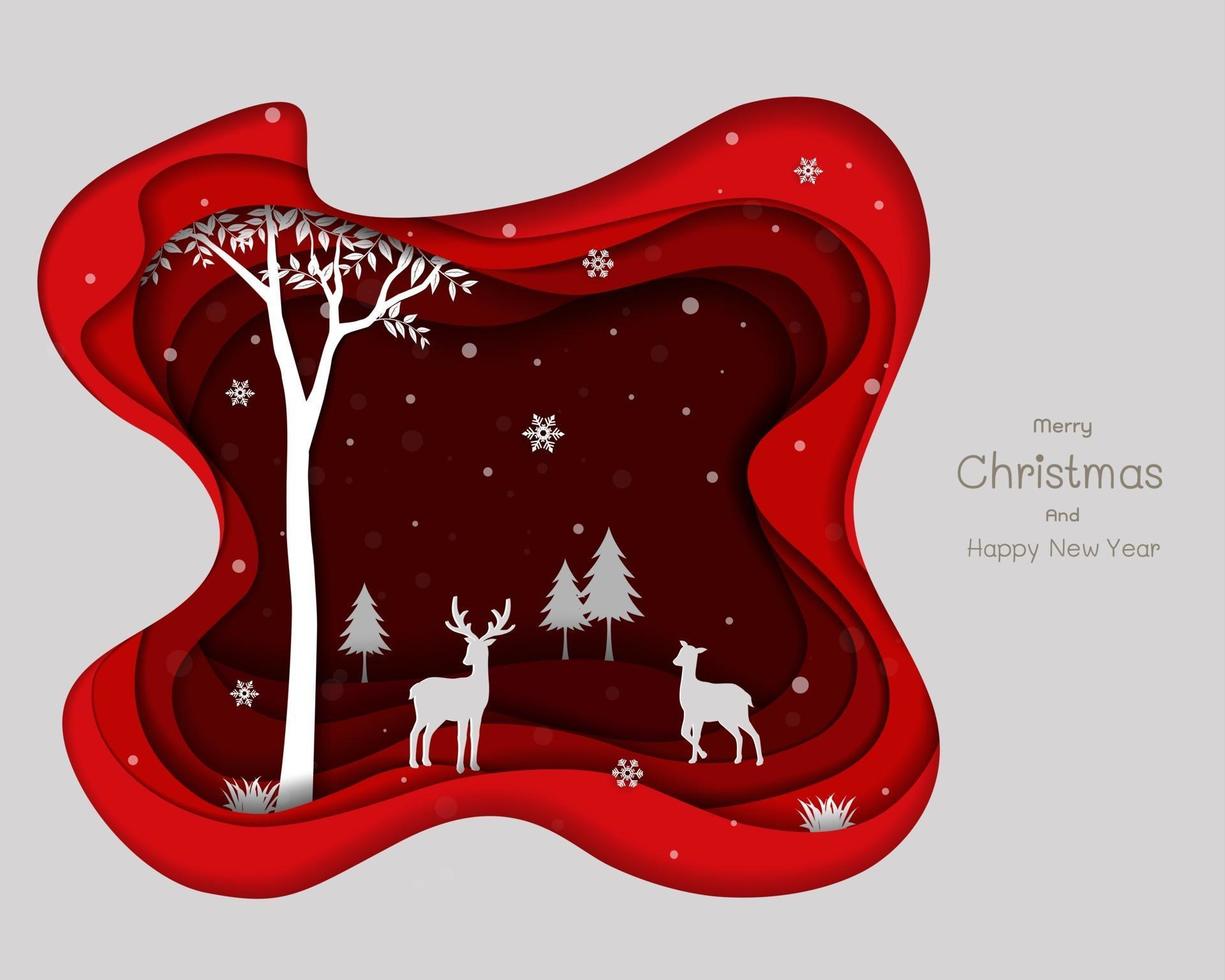 Deers family with snowflakes on red paper art background for Christmas holiday celebration party greeting card or happy new year vector