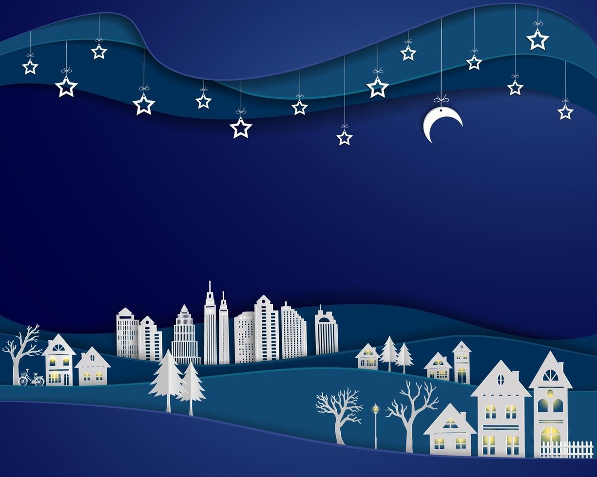 Landscape with urban city in white paper art design architecture building with stars and moon on night scene background vector