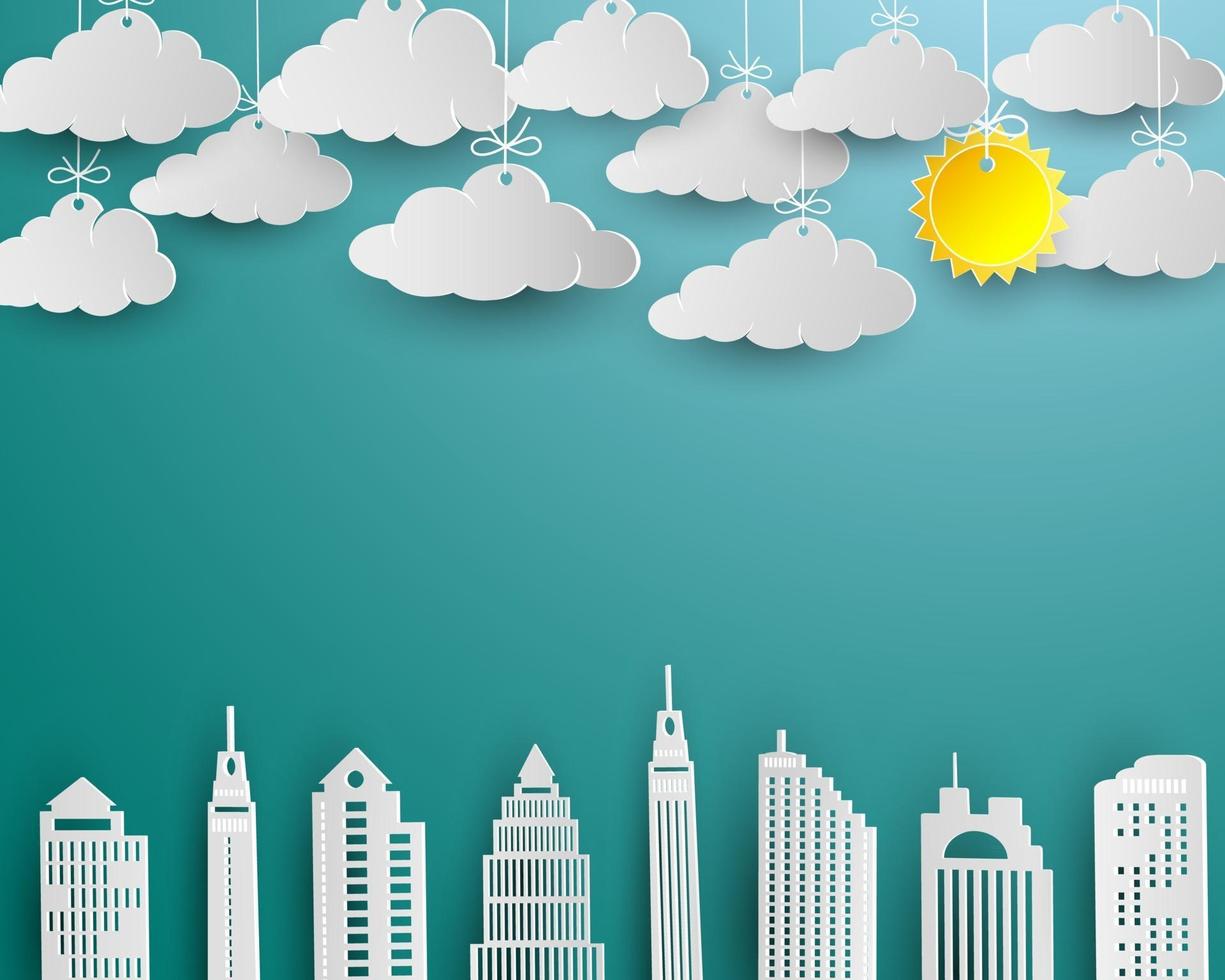 Skyscraper and cloud in white paper art design architecture building in panorama view landscape vector