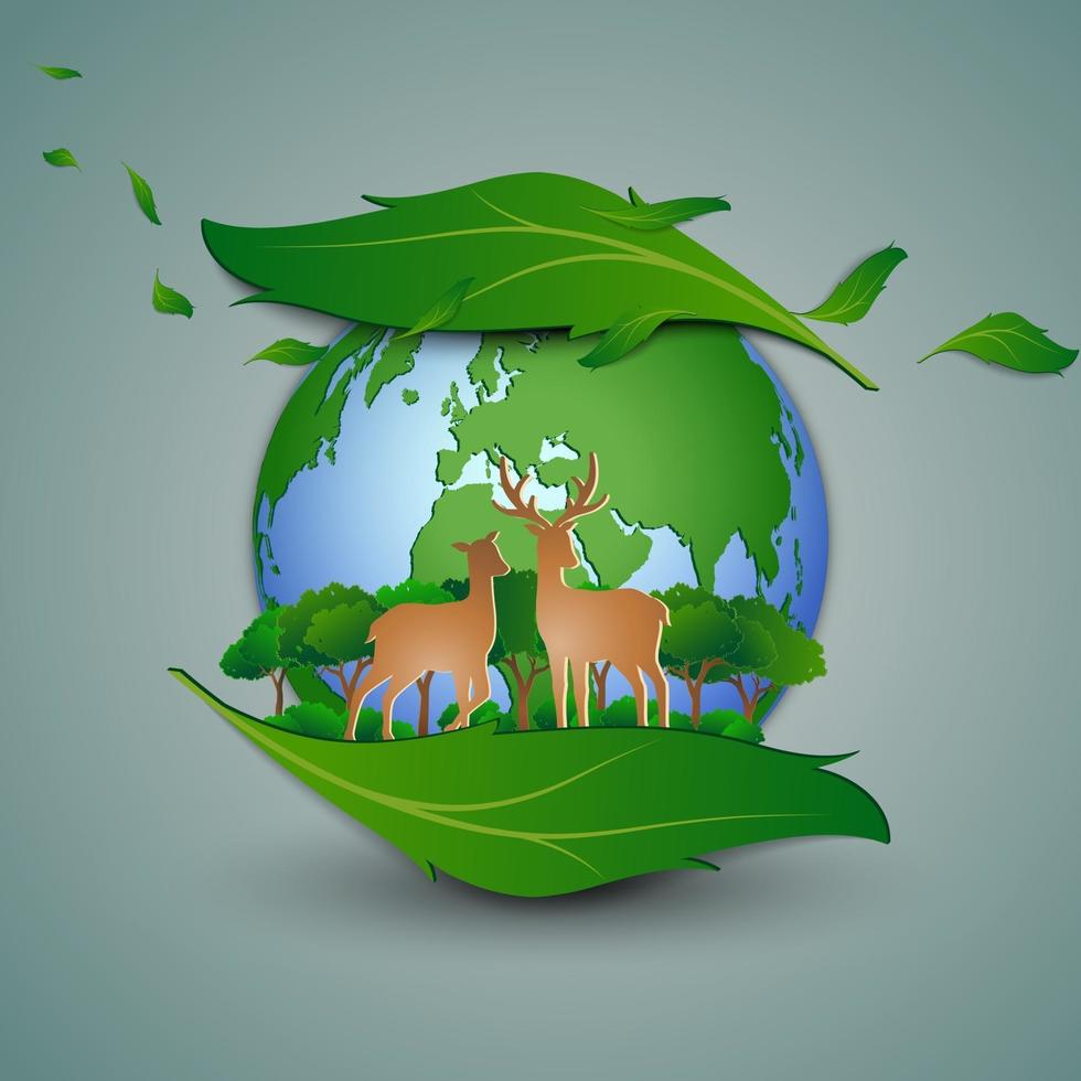 Concept of eco friendly save the environment conservation deer family  standing on leaf shape abstract background paper art and craft design  2432942 Vector Art at Vecteezy