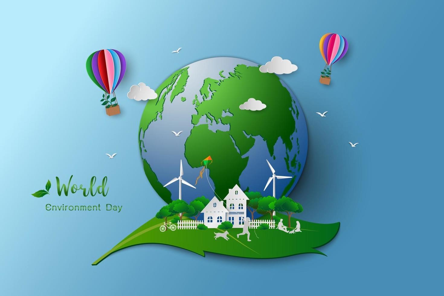 Eco friendly and environment conservation concept family happy and relax with green nature landscape paper art and craft design vector
