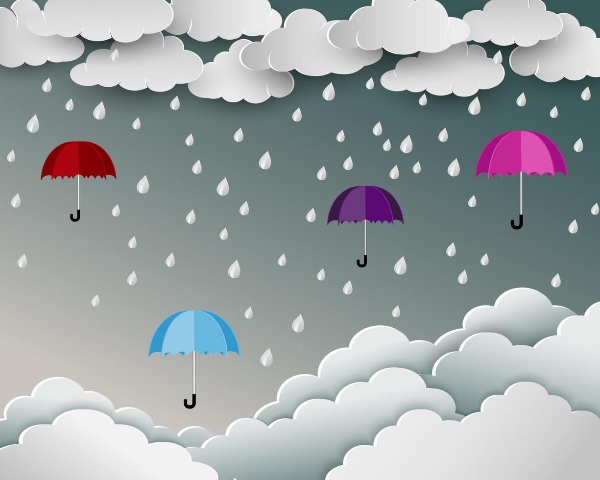 temporada de lluvias en papel arte escena fondo paraguas flotando sobre la nube naturaleza paisaje vector