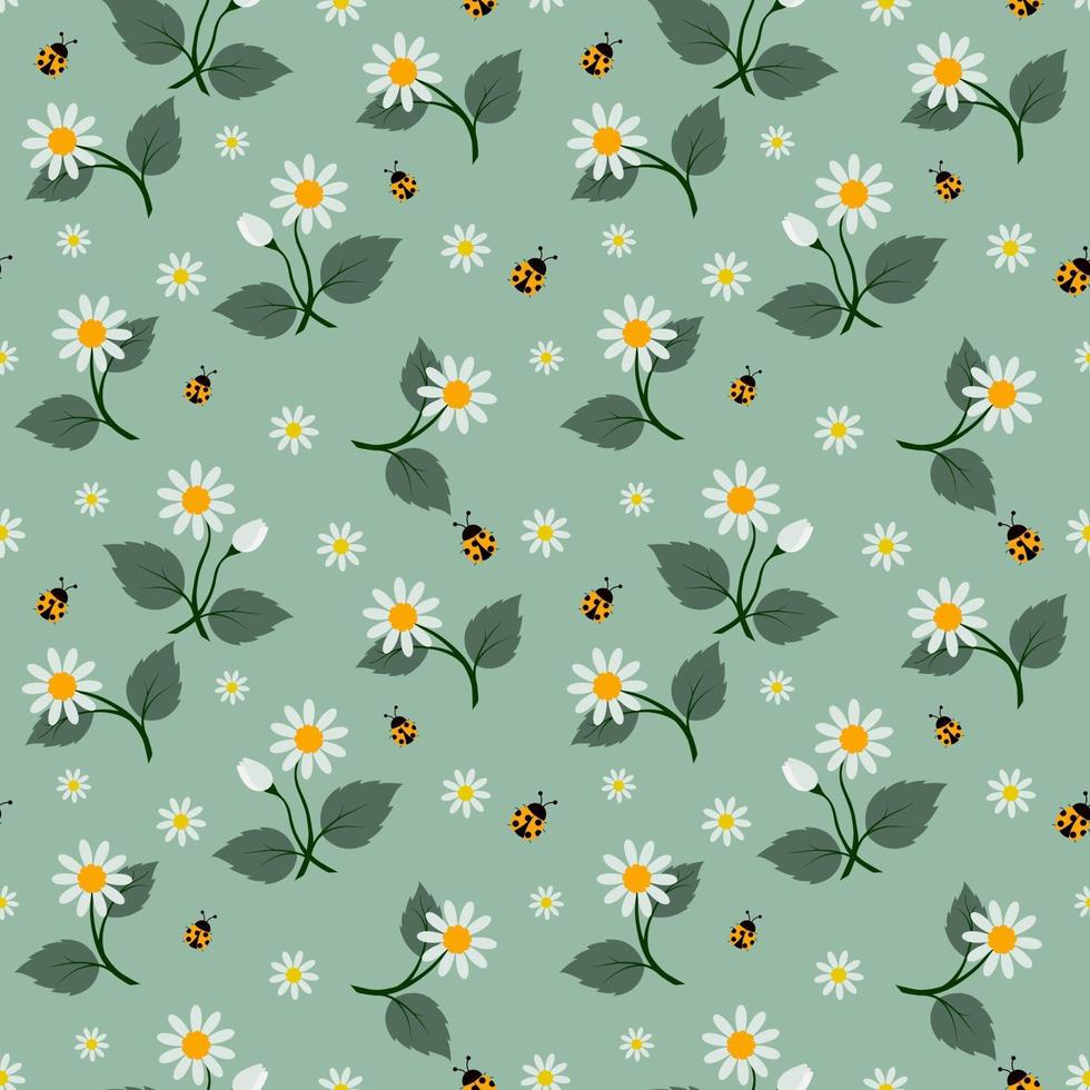 White flowers seamless pattern with ladybug on soft green background vector