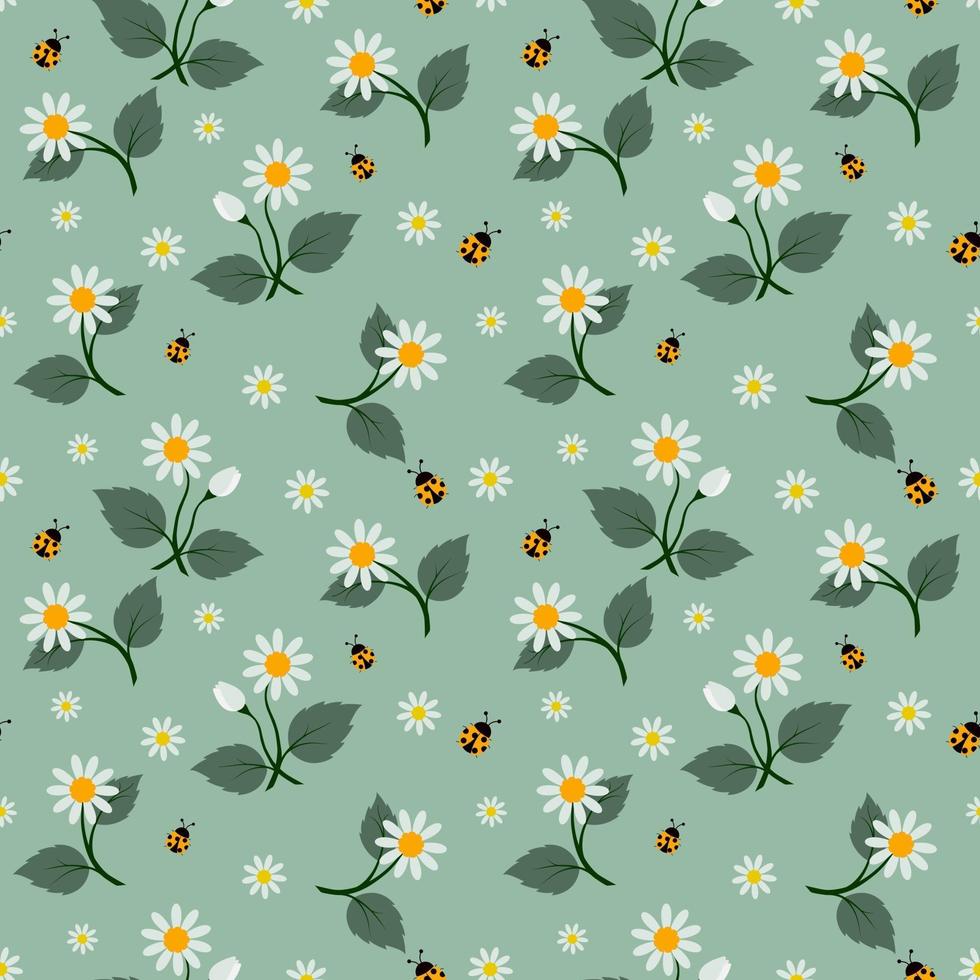 White flowers seamless pattern with ladybug on soft green background vector