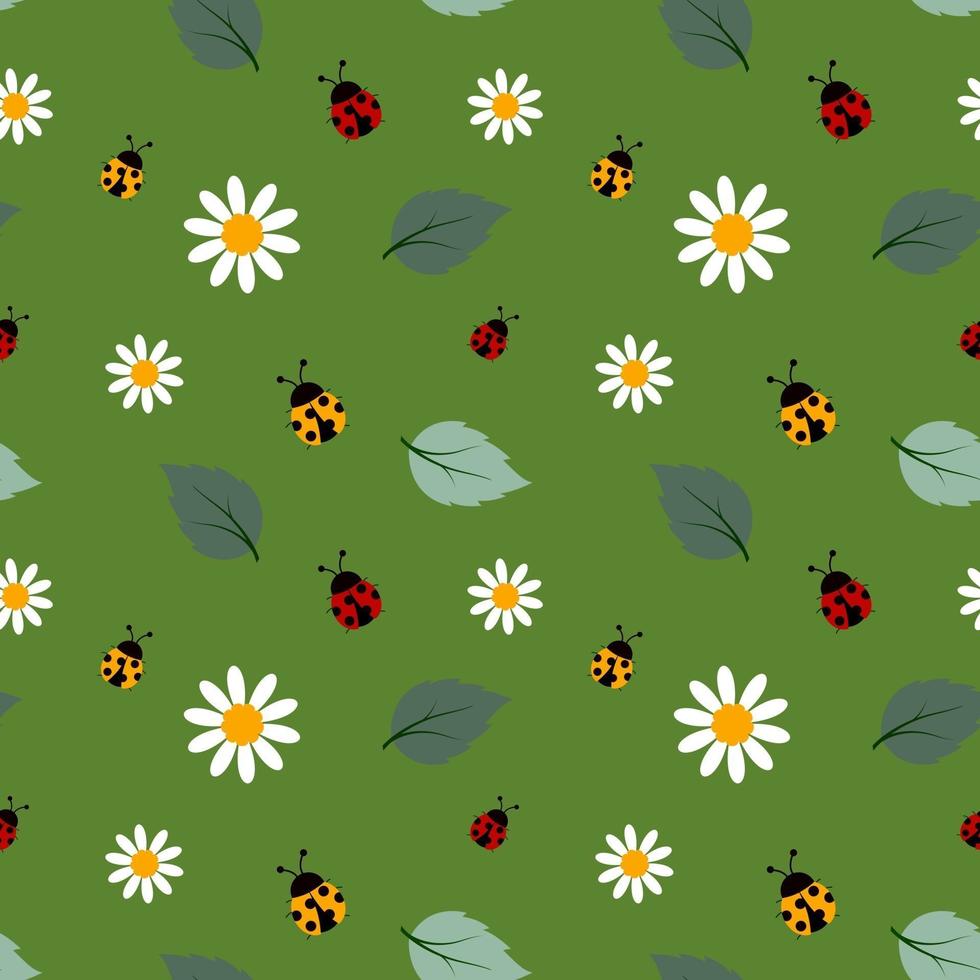 White flowers seamless repeat pattern with ladybug on green background design for fabric textile cover print or wrapping paper vector